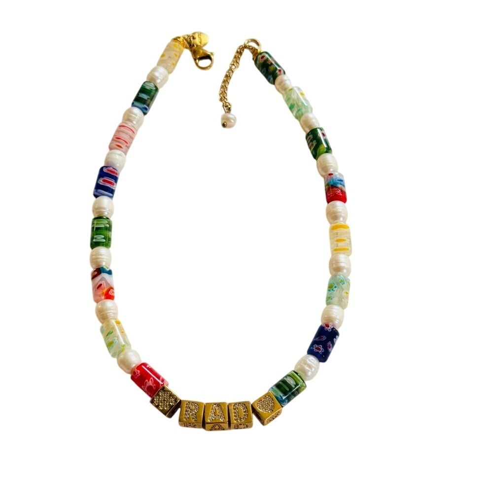 Mayol Rad Necklace Millefiori Art glass Freshwater pearl beads Collar Colorful
